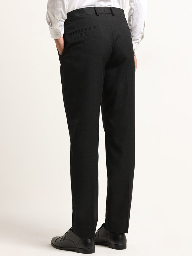 WES Formals Black Checked Relaxed Fit Mid Rise Trousers