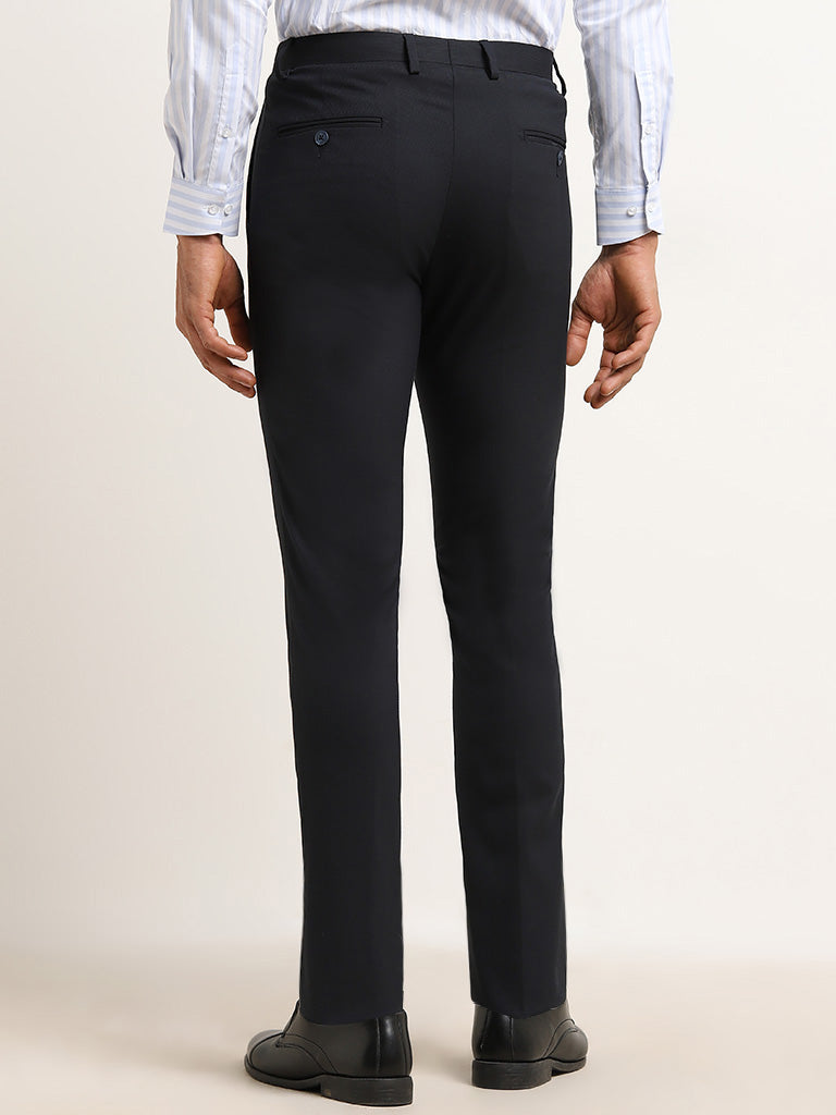 WES Formals Navy Ultra Slim Fit Mid Rise Trousers