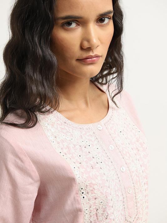 Utsa Pink Embroidered Cotton A-Line Kurta