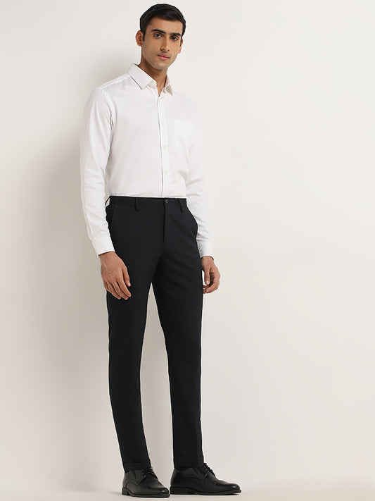 WES Formals Black Pinstripe-Detailed Carrot-Fit Mid-Rise Cotton Blend Trousers