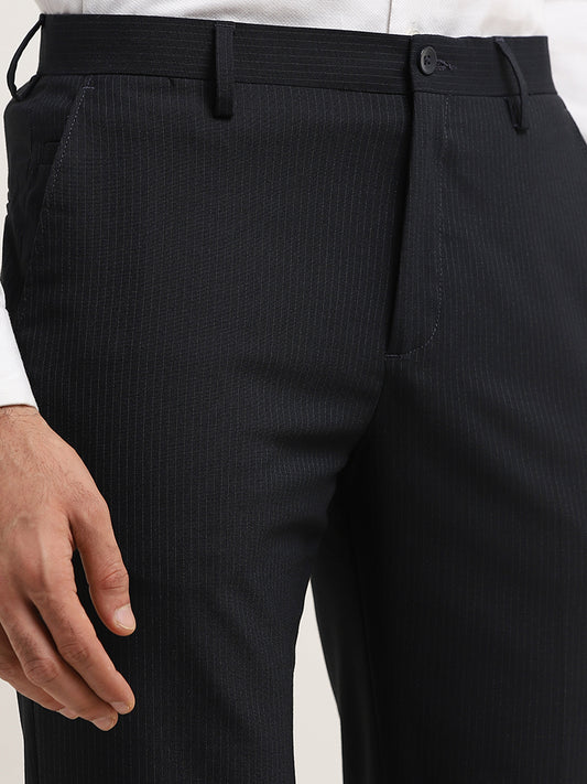 WES Formals Black Pinstripe-Detailed Carrot-Fit Mid-Rise Cotton Blend Trousers