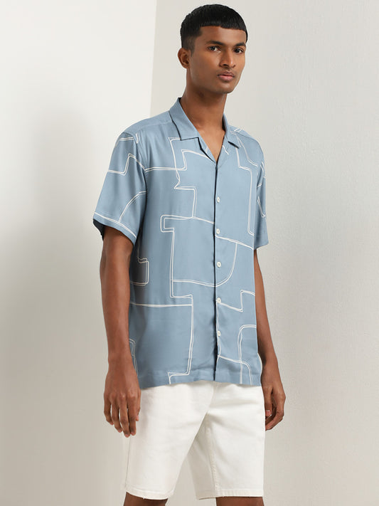 Nuon Dusty Blue Geometrical Design Relaxed-Fit Shirt