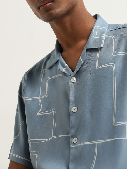 Nuon Dusty Blue Geometrical Design Relaxed-Fit Shirt
