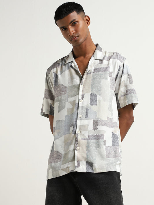 Nuon White Geometrical Print Relaxed Fit Shirt