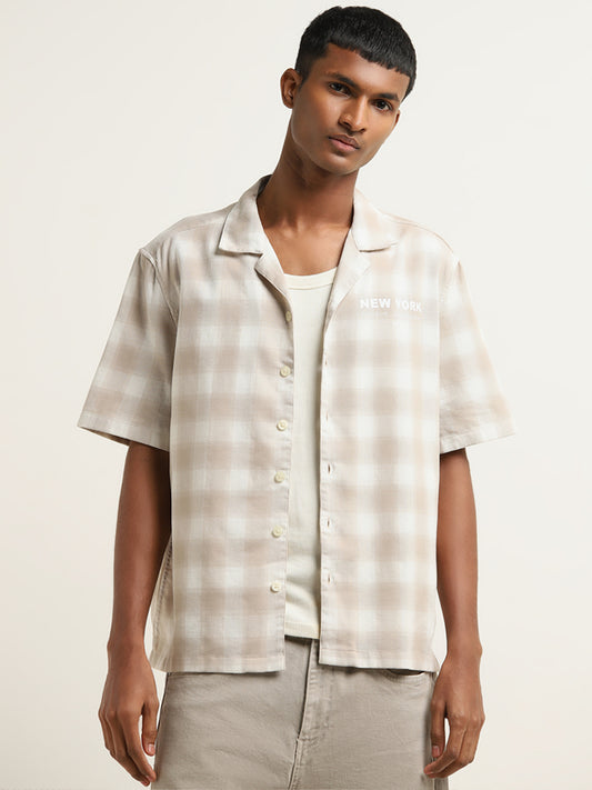 Nuon Beige Checkered Relaxed-Fit Shirt