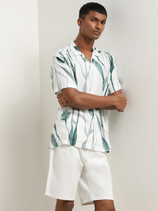 Nuon White Foliage Pattern Relaxed-Fit Shirt