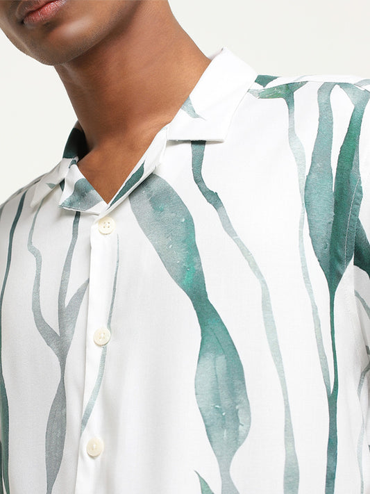 Nuon White Foliage Pattern Relaxed-Fit Shirt