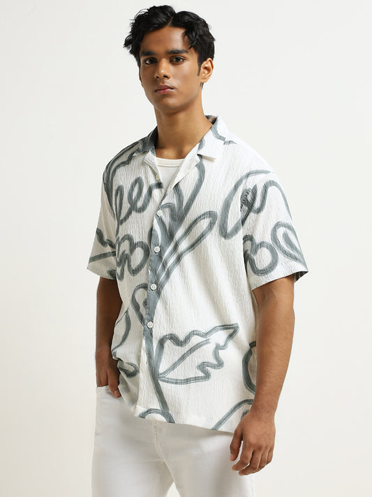 Nuon Teal Graffiti Design Crinkled Relaxed-Fit Cotton Shirt