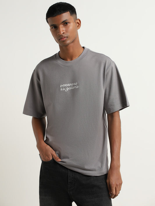 Nuon Grey Text Print Relaxed Fit T-Shirt