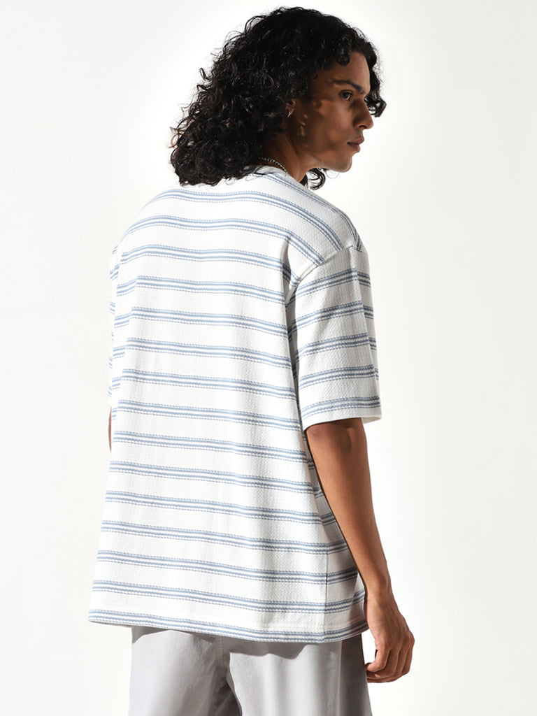 Nuon Blue Striped Cotton Relaxed Fit T-Shirt