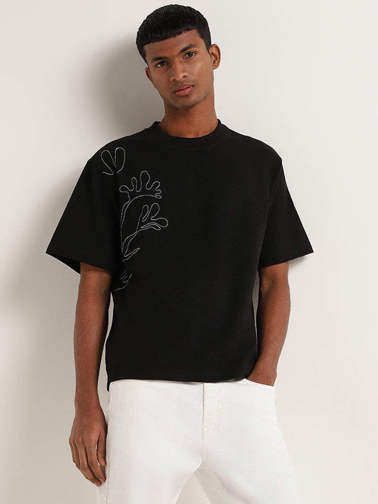 Nuon Black Embroidered Cotton Blend Relaxed Fit T-Shirt