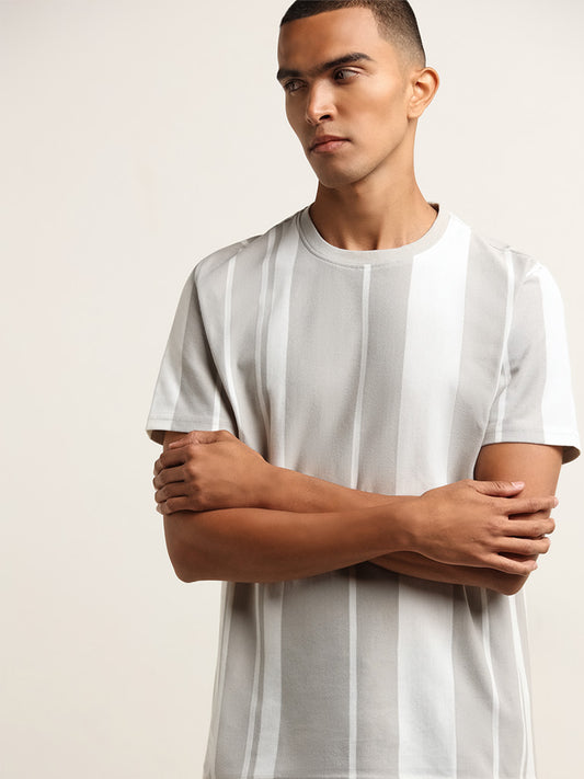 Nuon Grey Stripe Printed Slim Fit T-Shirt