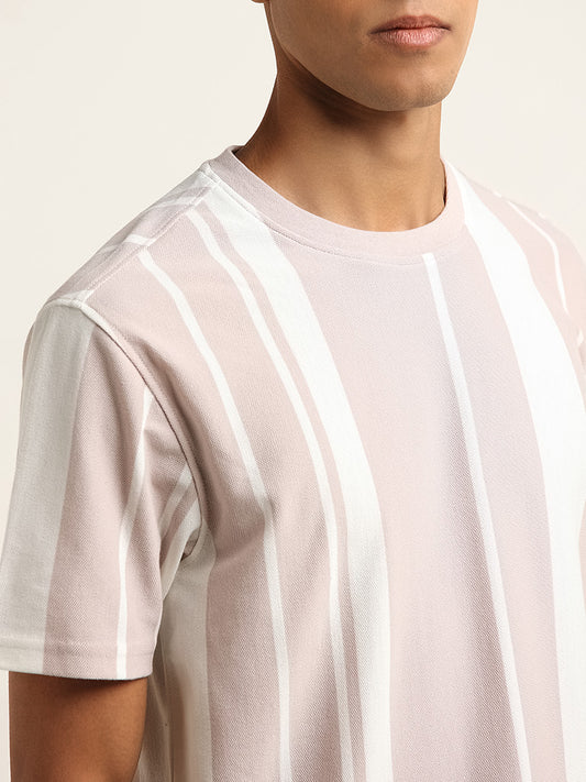 Nuon Light Pink Stripe Printed Slim Fit T-Shirt