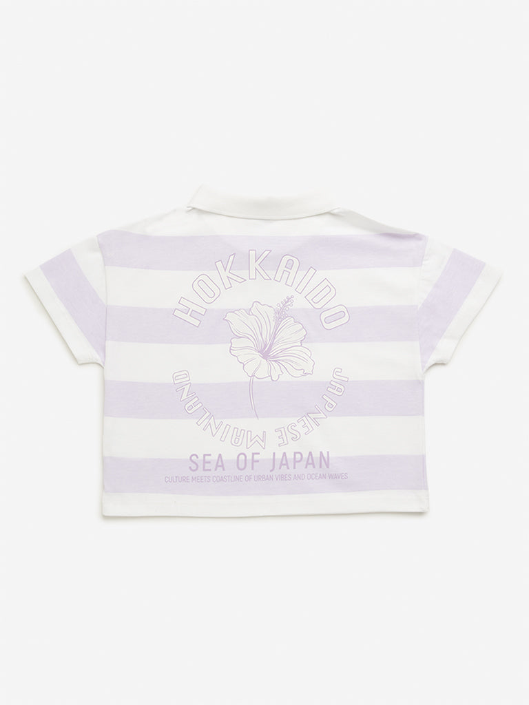 Y&F Kids Lilac Stripes Printed Polo Crop T-Shirt