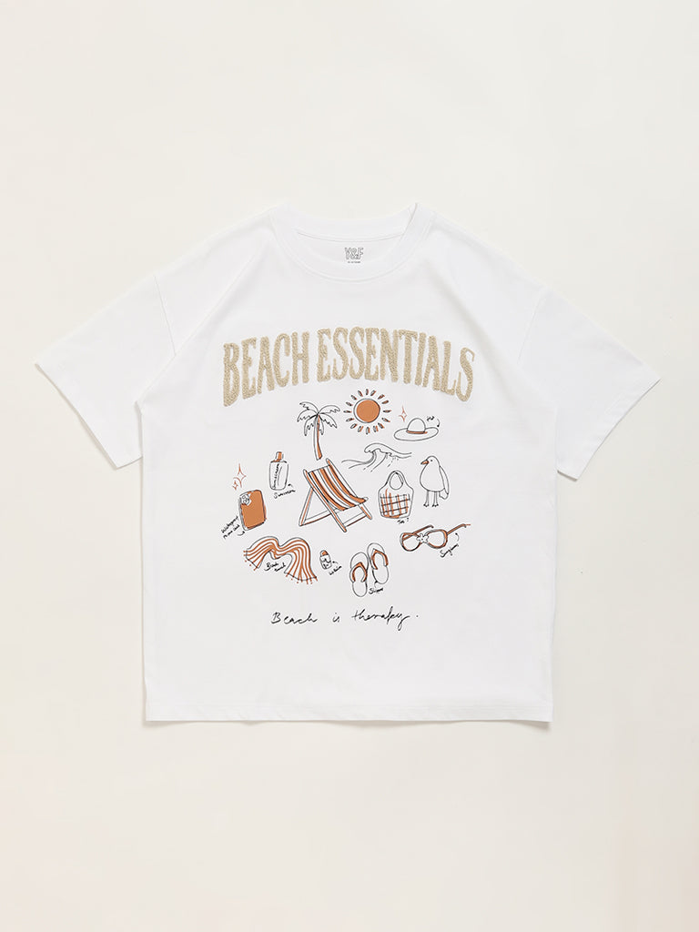 Y&F Kids White Graphic Printed T-Shirt