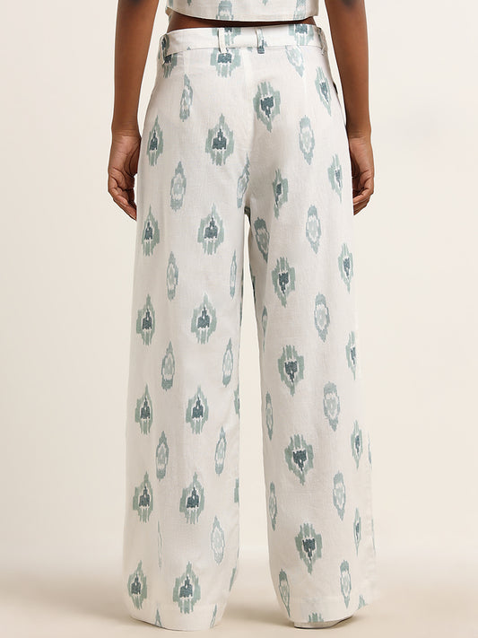 Bombay Paisley Teal Ikat Printed Mid Rise Cotton Blend Flared Pants