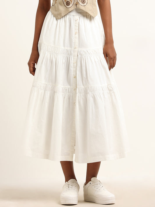 Bombay Paisley White Tiered Mid Rise Cotton Skirt