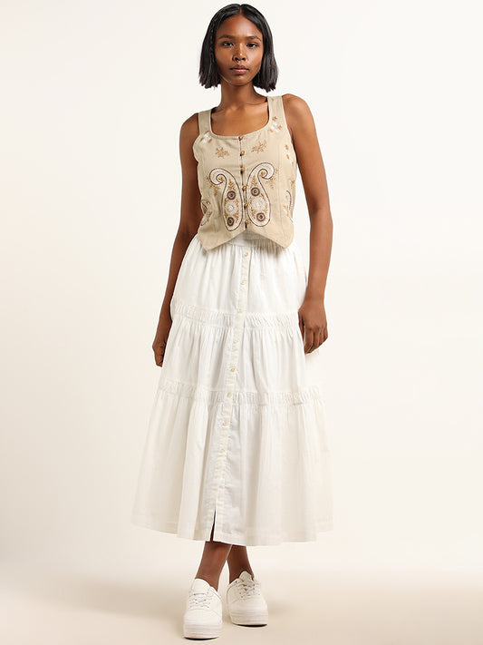 Bombay Paisley White Tiered Mid Rise Cotton Skirt
