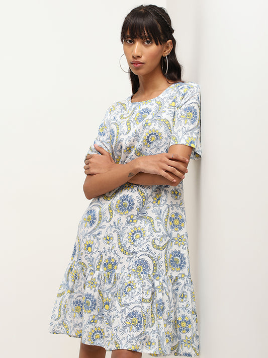 Bombay Paisley White Printed Tiered Dress