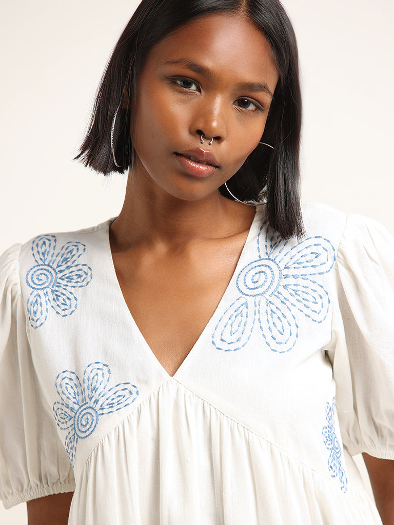 Bombay Paisley White Embroidered Cotton Blend Tiered Dress