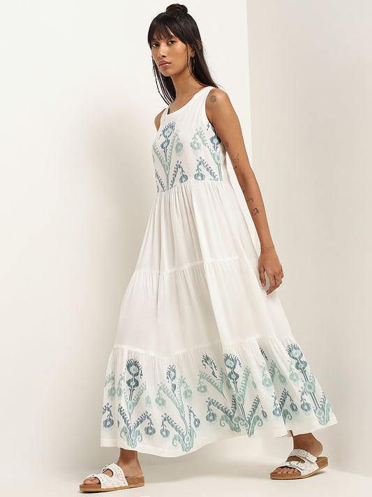 Bombay Paisley White Ikat Print Cotton Blend Tiered Dress