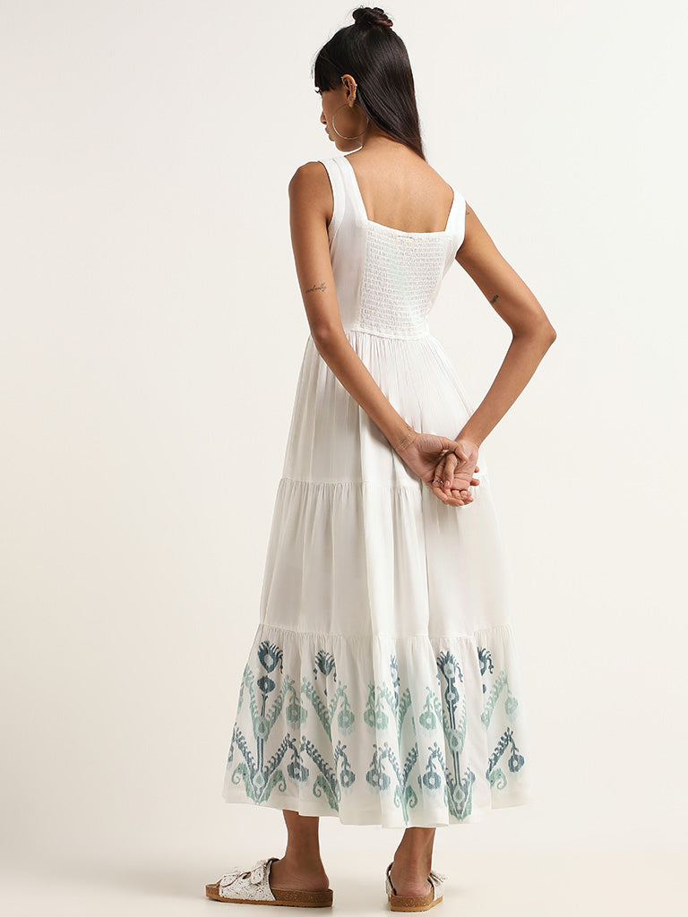 Bombay Paisley White Ikat Print Cotton Blend Tiered Dress
