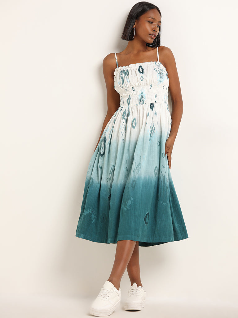Bombay Paisley Teal Ikat Printed Ombre A-Line Dress