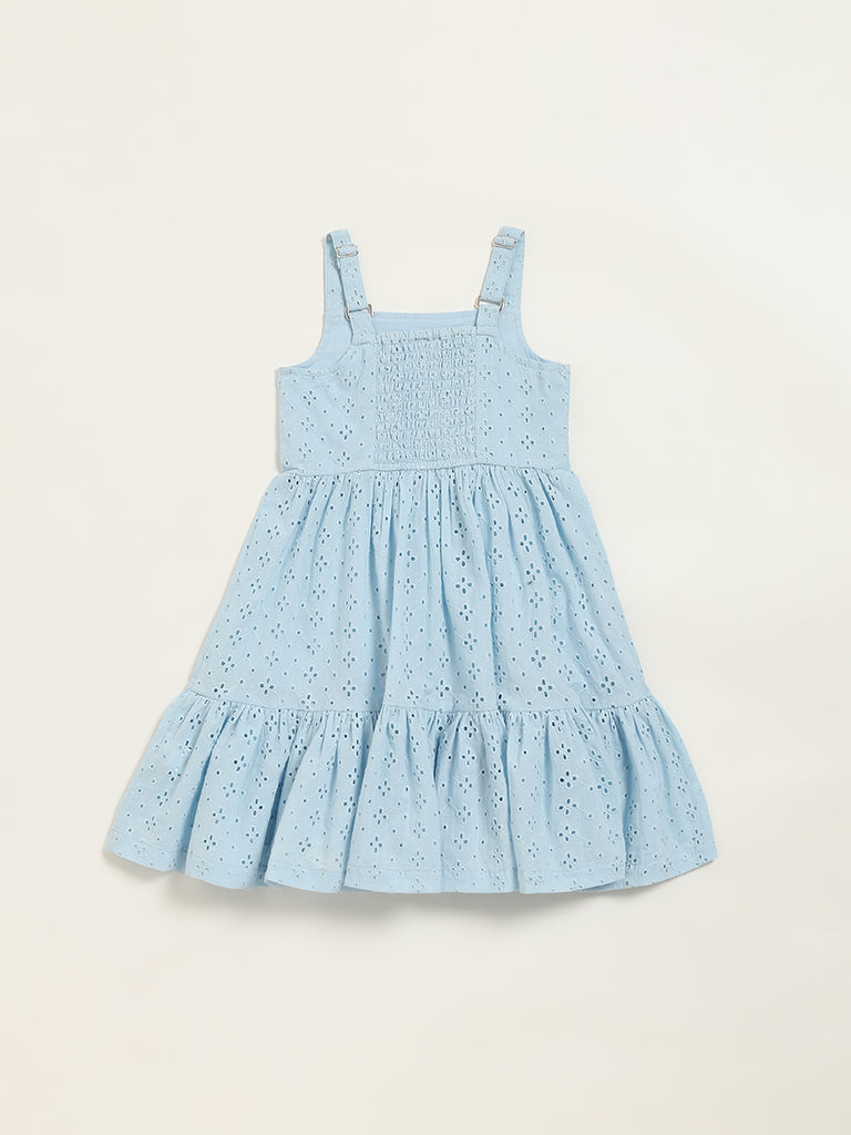 Utsa Kids Blue Schiffli Tiered Dress (2 - 8yrs)
