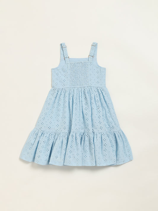 Utsa Kids Blue Schiffli Tiered Dress (2 - 8yrs)