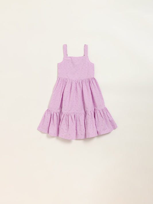 Utsa Kids Light Purple Cotton Schiffli Tiered Dress (2 - 8yrs)