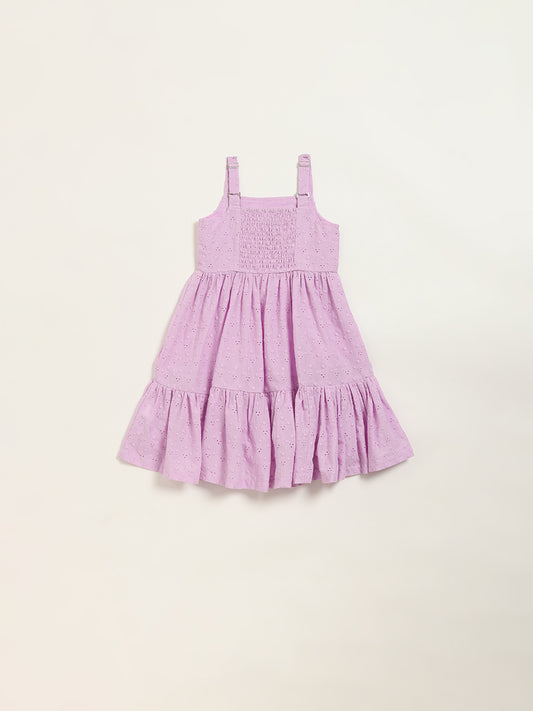 Utsa Kids Light Purple Cotton Schiffli Tiered Dress (2 - 8yrs)