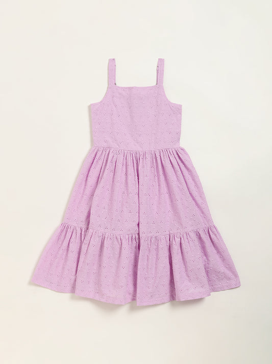 Utsa Kids Light Purple Cotton Schiffli Tiered Dress (8 -14yrs)