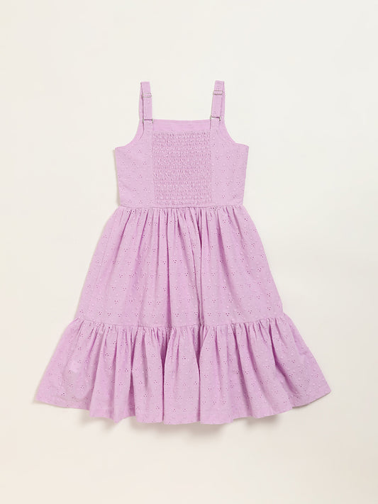 Utsa Kids Light Purple Cotton Schiffli Tiered Dress