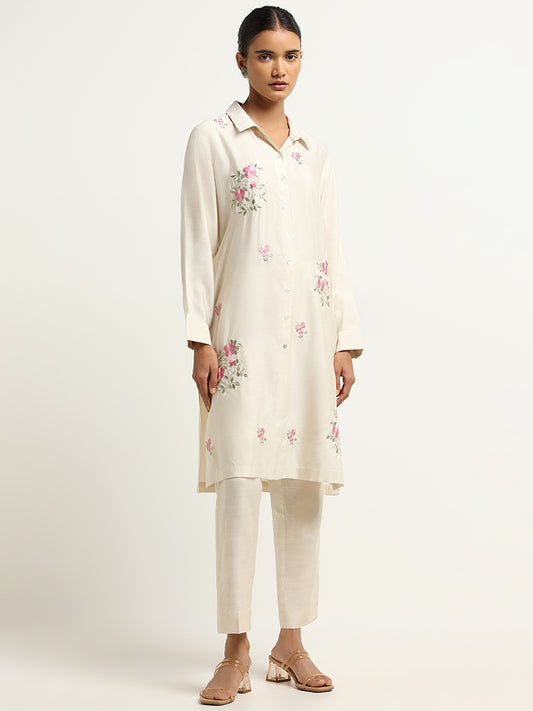 Zuba Off-White A-Line Floral Embroidered Kurta