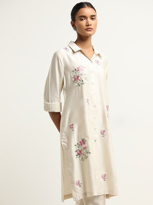 Zuba Off-White A-Line Floral Embroidered Kurta
