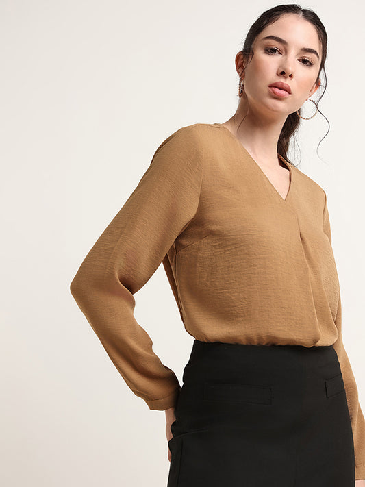 Wardrobe Solid Brown V-Neck Cotton Top