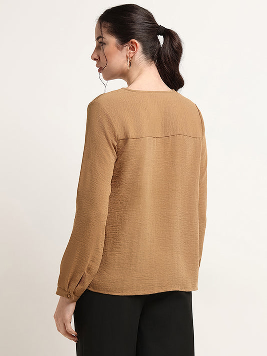 Wardrobe Solid Brown V-Neck Cotton Top