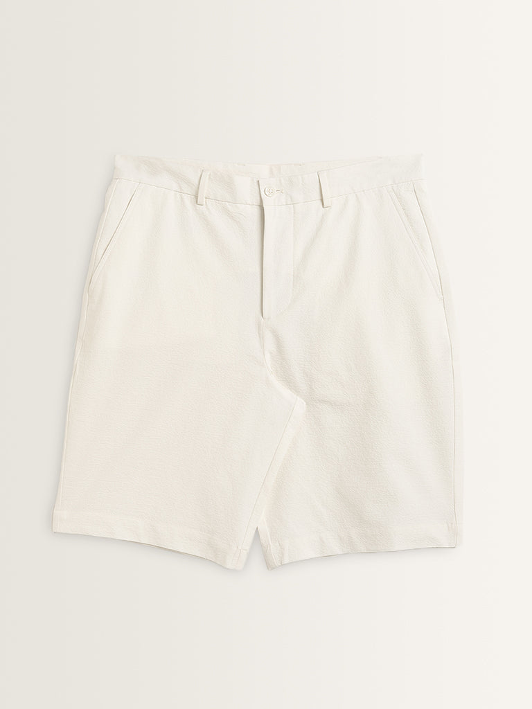 Ascot White Textured Relaxed Fit Mid Rise Shorts