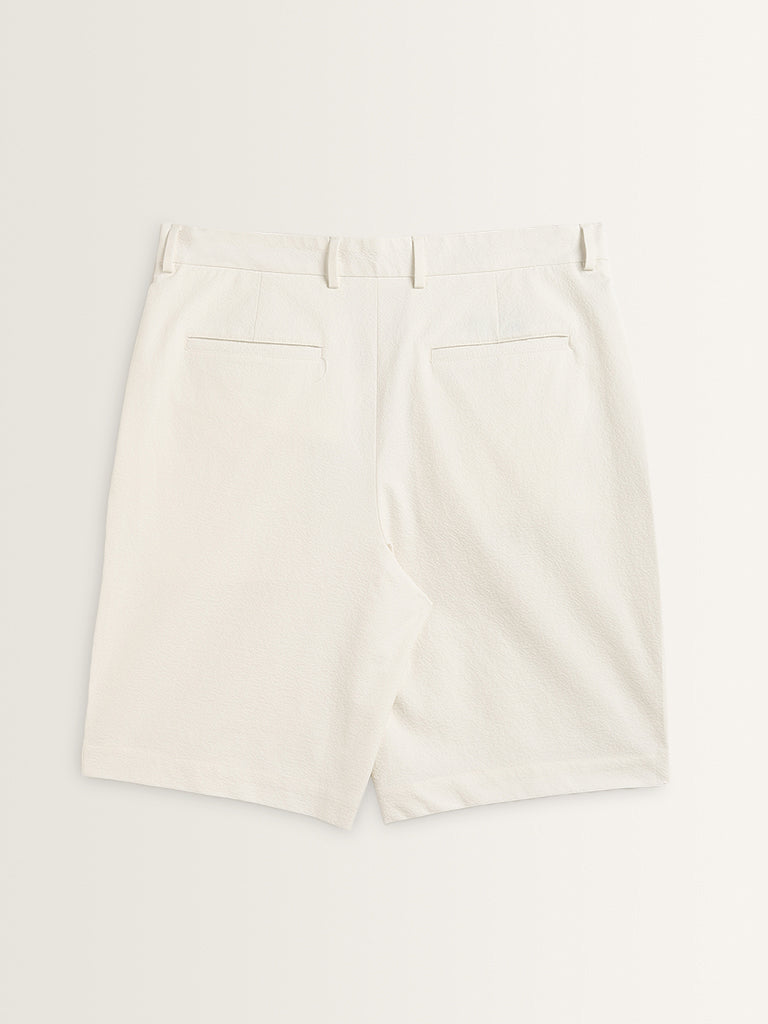 Ascot White Textured Relaxed Fit Mid Rise Shorts