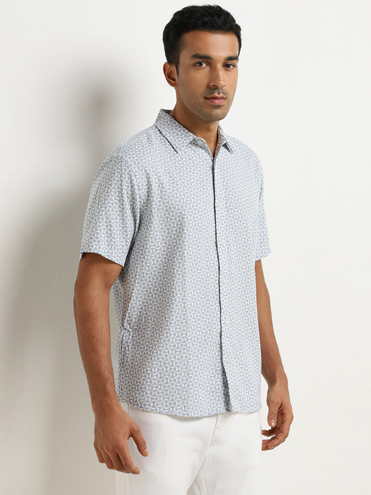 Ascot Blue Geometric Printed Relaxed-Fit Blended Linen Shirt