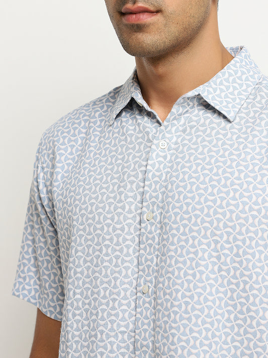 Ascot Blue Geometric Printed Relaxed-Fit Blended Linen Shirt