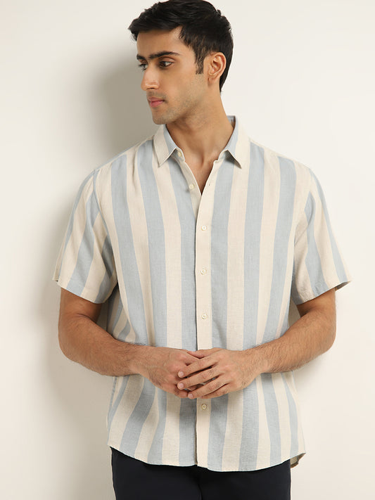Ascot Blue Stripe Print Blended Linen Relaxed-Fit Shirt