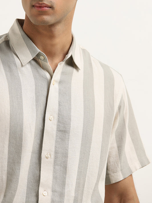 Ascot Grey Striped Blended Linen Relaxed-Fit Shirt