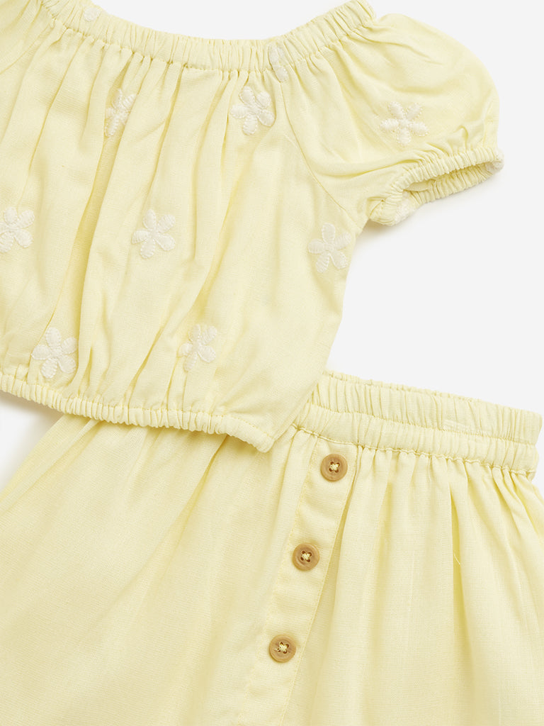 HOP Kids Yellow Floral Top & Mid Rise Skirt Set