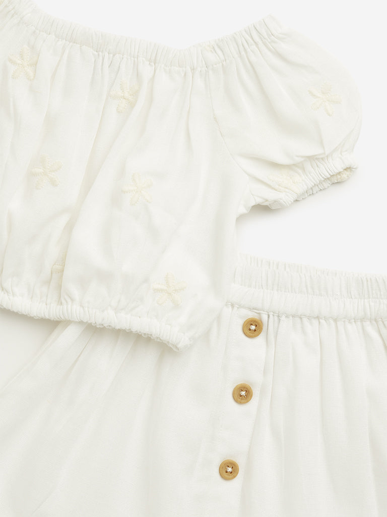 HOP Kids White Floral Top & Mid Rise Skirt Set