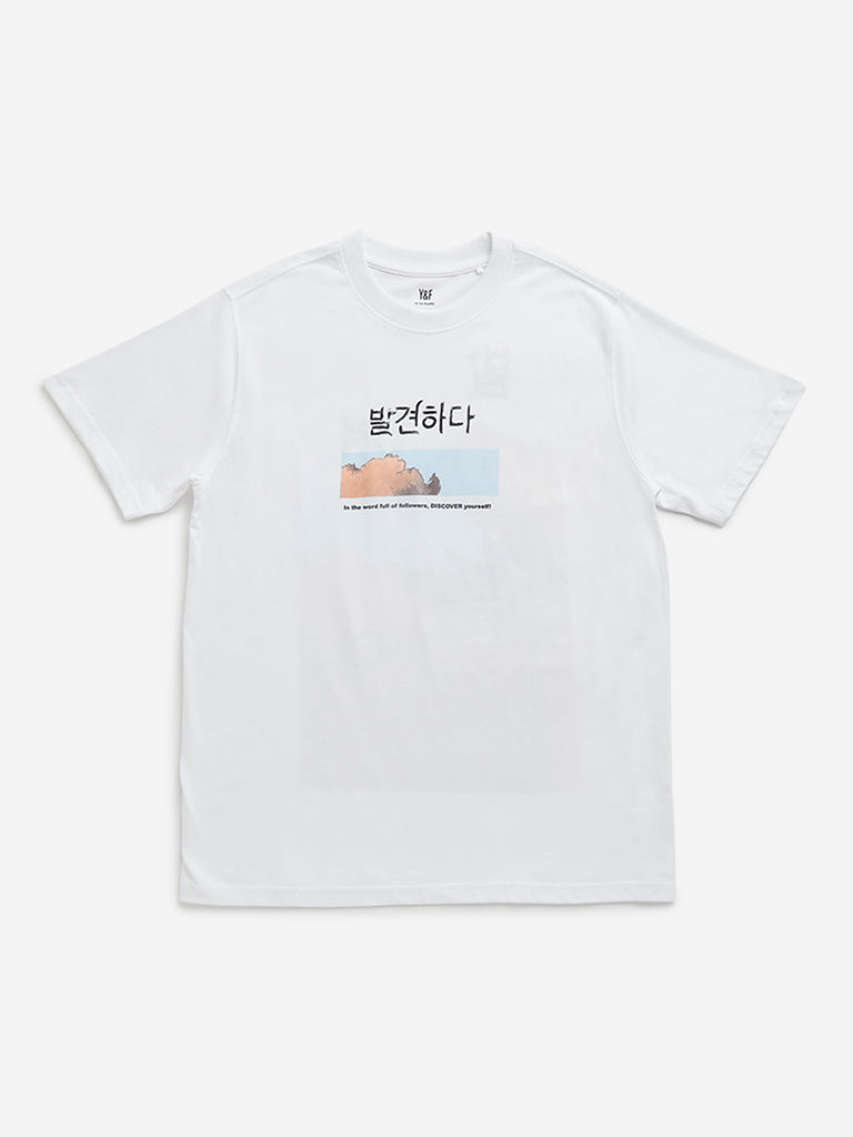 Y&F Kids White Text Printed T-Shirt