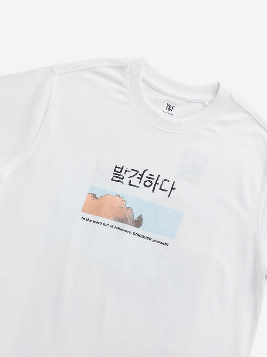 Y&F Kids White Text Printed T-Shirt