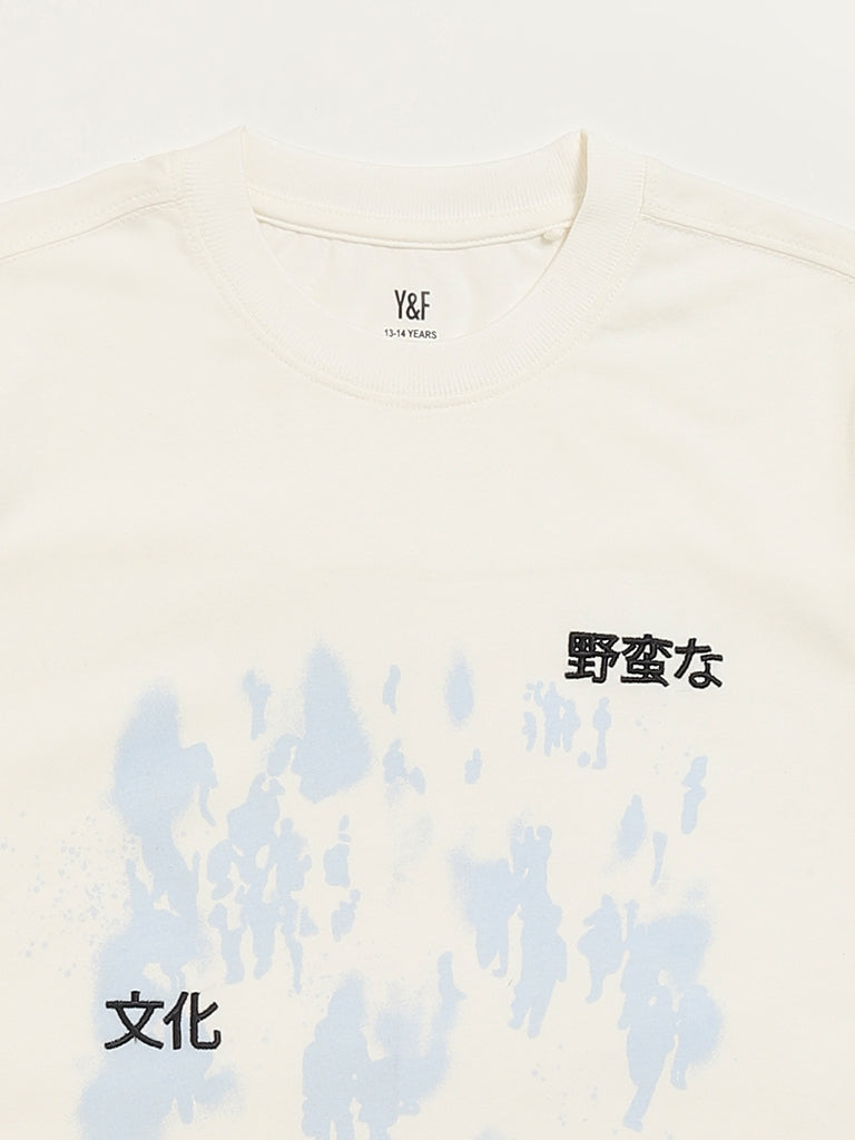 Y&F Kids Off-White Graphic Print T-Shirt