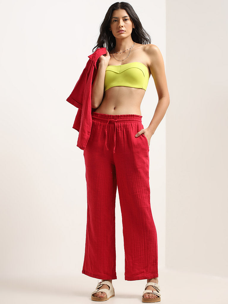 Wunderlove Red Cotton Crinkle Textured Mid-Rise Beach Pants