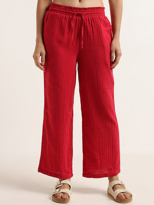 Wunderlove Red Crinkle Textured Mid-Rise Beach Pants